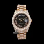 Black Dial Roman Numerals Diamond Link Strap Rose Gold Moissanite Watch Front View
