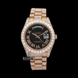 Black Dial Roman Numerals Diamond Link Strap Rose Gold Moissanite Watch