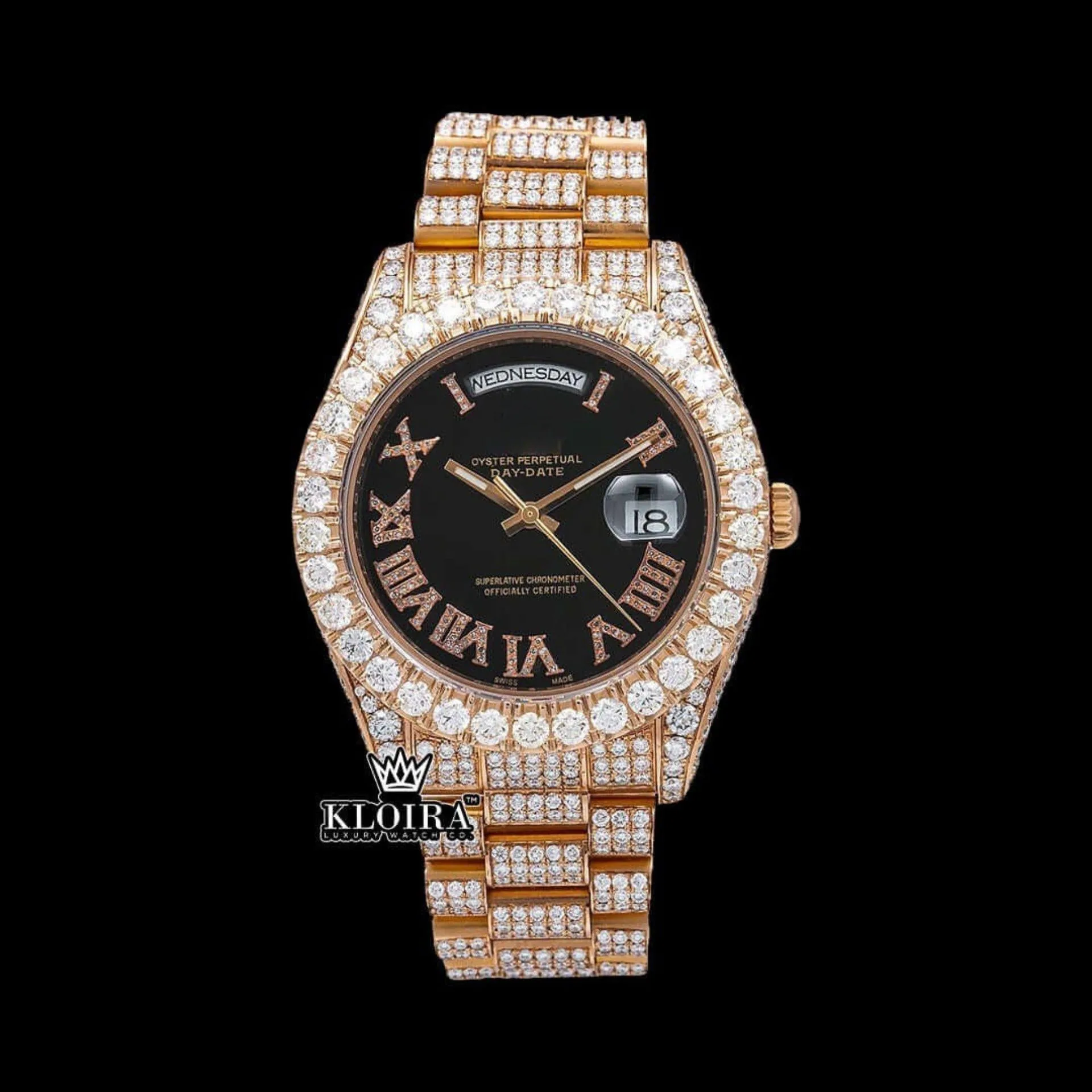 Black Dial Roman Numerals Diamond Link Strap Rose Gold Moissanite Watch Front View
