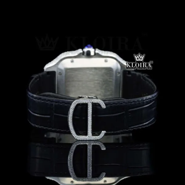 Black Dial Roman Numerals Leather Strap Moissanite Diamond Watch Caseback View