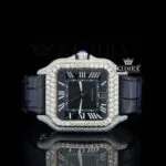 Black Dial Roman Numerals Leather Strap Moissanite Diamond Watch