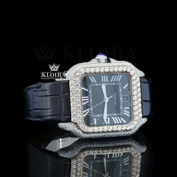 Black Dial Roman Numerals Leather Strap Moissanite Diamond Watch Right Profile View