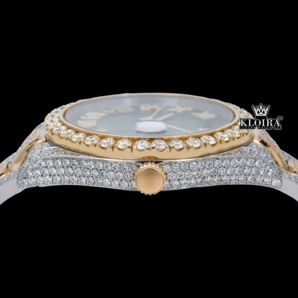 Black Dial Roman Numerals Rose Gold Two tone Moissanite Diamond Watch Crown View