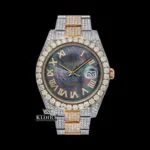 Black Dial Roman Numerals Rose Gold Two tone Moissanite Diamond Watch Front View