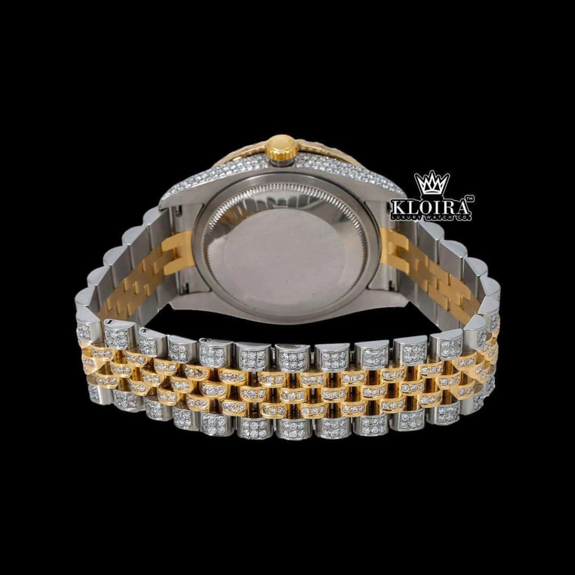 Black Dial Roman Numerals Two Tone Yellow Gold Iced Out Moissanite Watch Caseback View