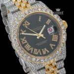 Black Dial Roman Numerals Two Tone Yellow Gold Iced Out Moissanite Watch Close Up Dial View