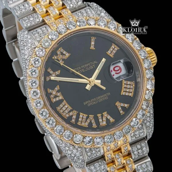 Black Dial Roman Numerals Two Tone Yellow Gold Iced Out Moissanite Watch Close Up Dial View