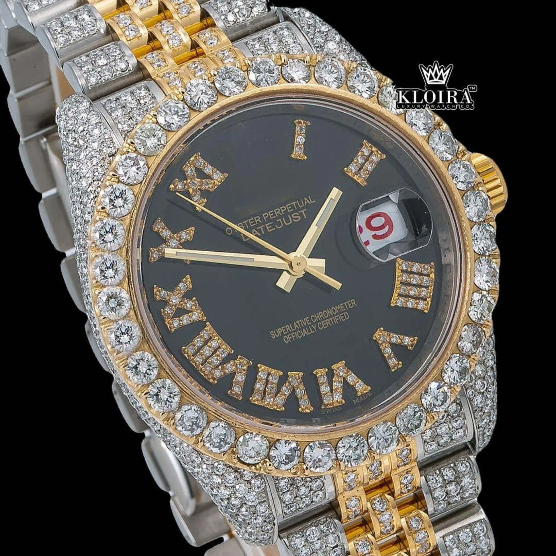 Black Dial Roman Numerals Two Tone Yellow Gold Iced Out Moissanite Watch Close Up Dial View