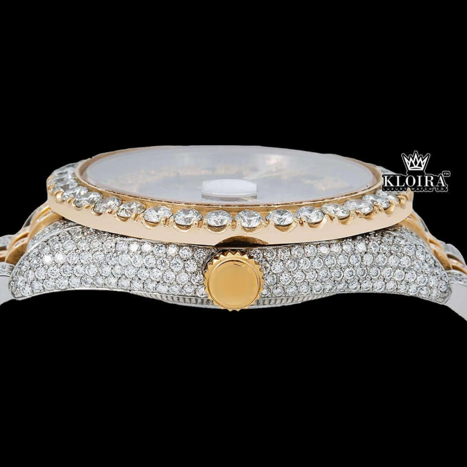 Black Dial Roman Numerals Two Tone Yellow Gold Iced Out Moissanite Watch Crown View