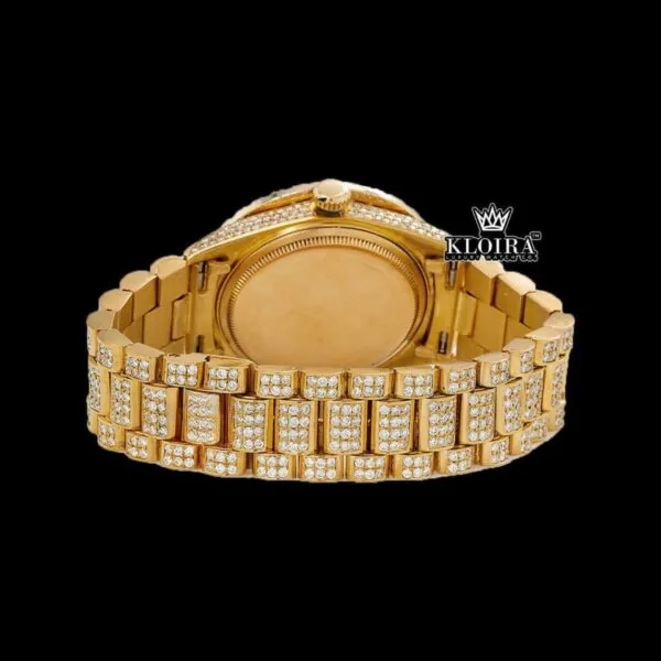Black Dial Roman Numerals Yellow Gold Diamond Link Strap Moissanite Watch Caseback View