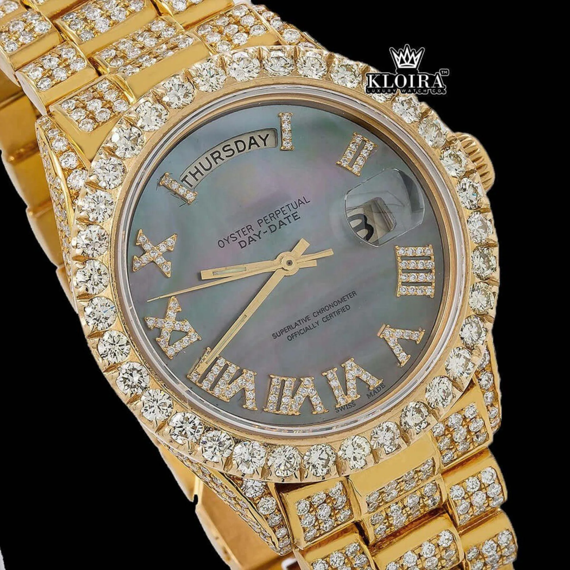 Black Dial Roman Numerals Yellow Gold Diamond Link Strap Moissanite Watch Close Up Dial View