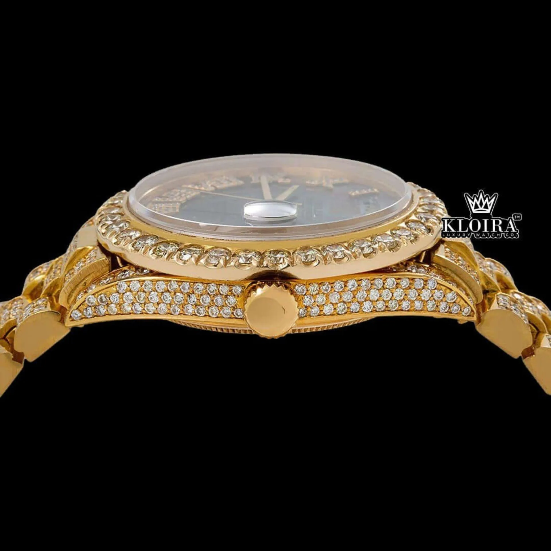Black Dial Roman Numerals Yellow Gold Diamond Link Strap Moissanite Watch Crown View