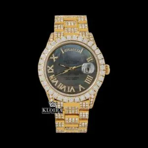 Black Dial Roman Numerals Yellow Gold Diamond Link Strap Moissanite Watch