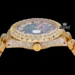 Black Dial Roman Numerals Yellow Gold Moissanite Diamond Watch Crown View