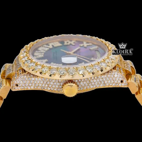 Black Dial Roman Numerals Yellow Gold Moissanite Diamond Watch Crown View