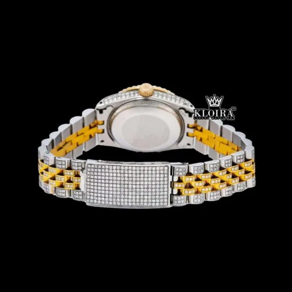 Black Dial Yellow Roman Numerals Iced Out Moissanite Diamond Watch Caseback View