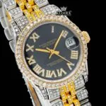 Black Dial Yellow Roman Numerals Iced Out Moissanite Diamond Watch Close Up Dial View