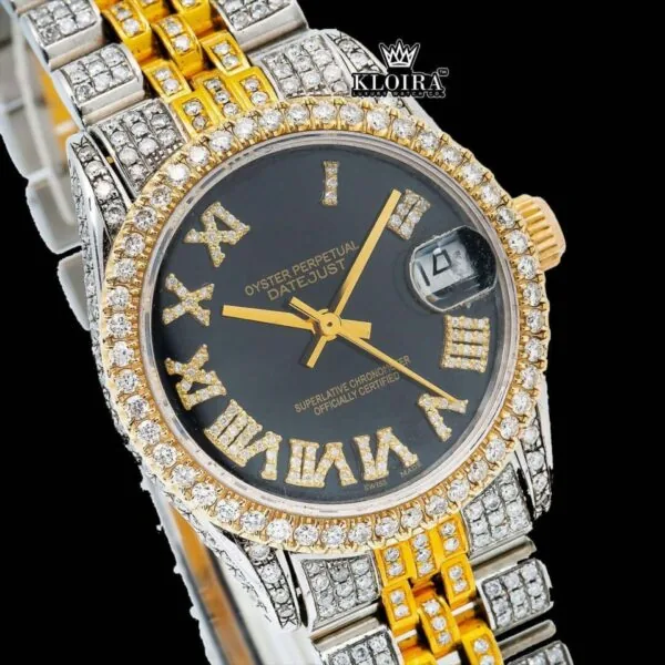 Black Dial Yellow Roman Numerals Iced Out Moissanite Diamond Watch Close Up Dial View