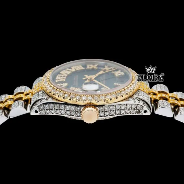 Black Dial Yellow Roman Numerals Iced Out Moissanite Diamond Watch Crown View