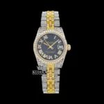 Black Dial Yellow Roman Numerals Iced Out Moissanite Diamond Watch Front View