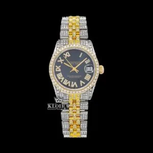 Black Dial Yellow Roman Numerals Iced Out Moissanite Diamond Watch