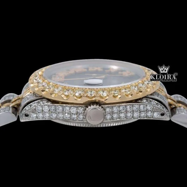 Black Dial Yellow Roman Numerals Two Tone Iced Out Moissanite Diamond Watch Crown View