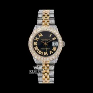 Black Dial Yellow Roman Numerals Two Tone Iced Out Moissanite Diamond Watch