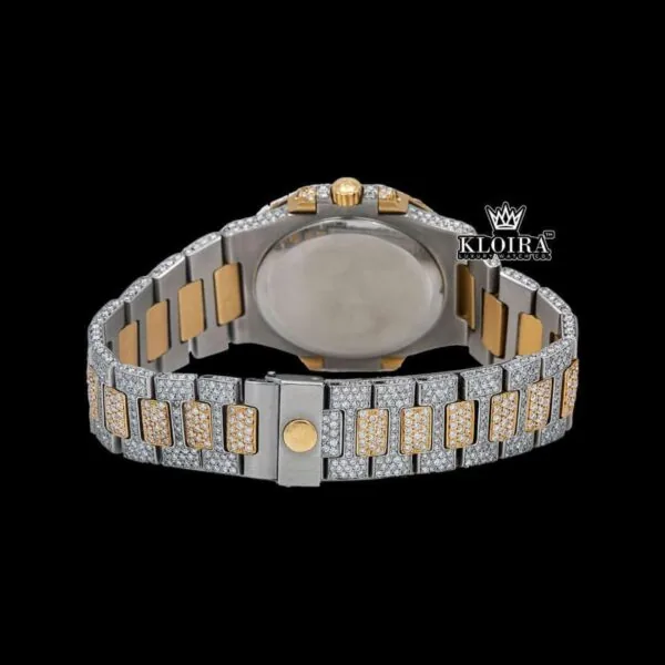 Black Dial Yellow Stick Markers Iced Out Two Tone Moissanite Diamond Watch Caseback View