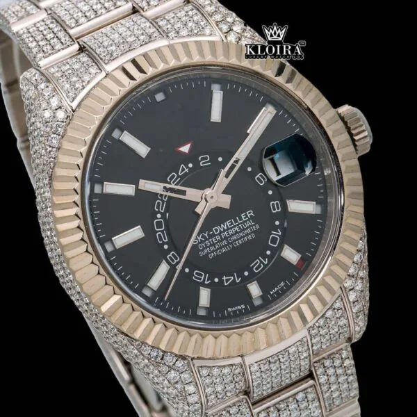 Black Dual Time Dial Stick Markers Two Tone Moissanite Watch Close Up Dial View