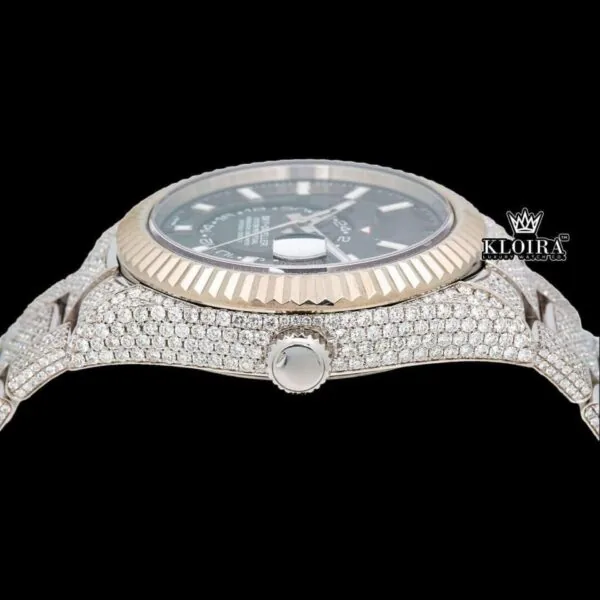 Black Dual Time Dial Stick Markers Two Tone Moissanite Watch Crown View
