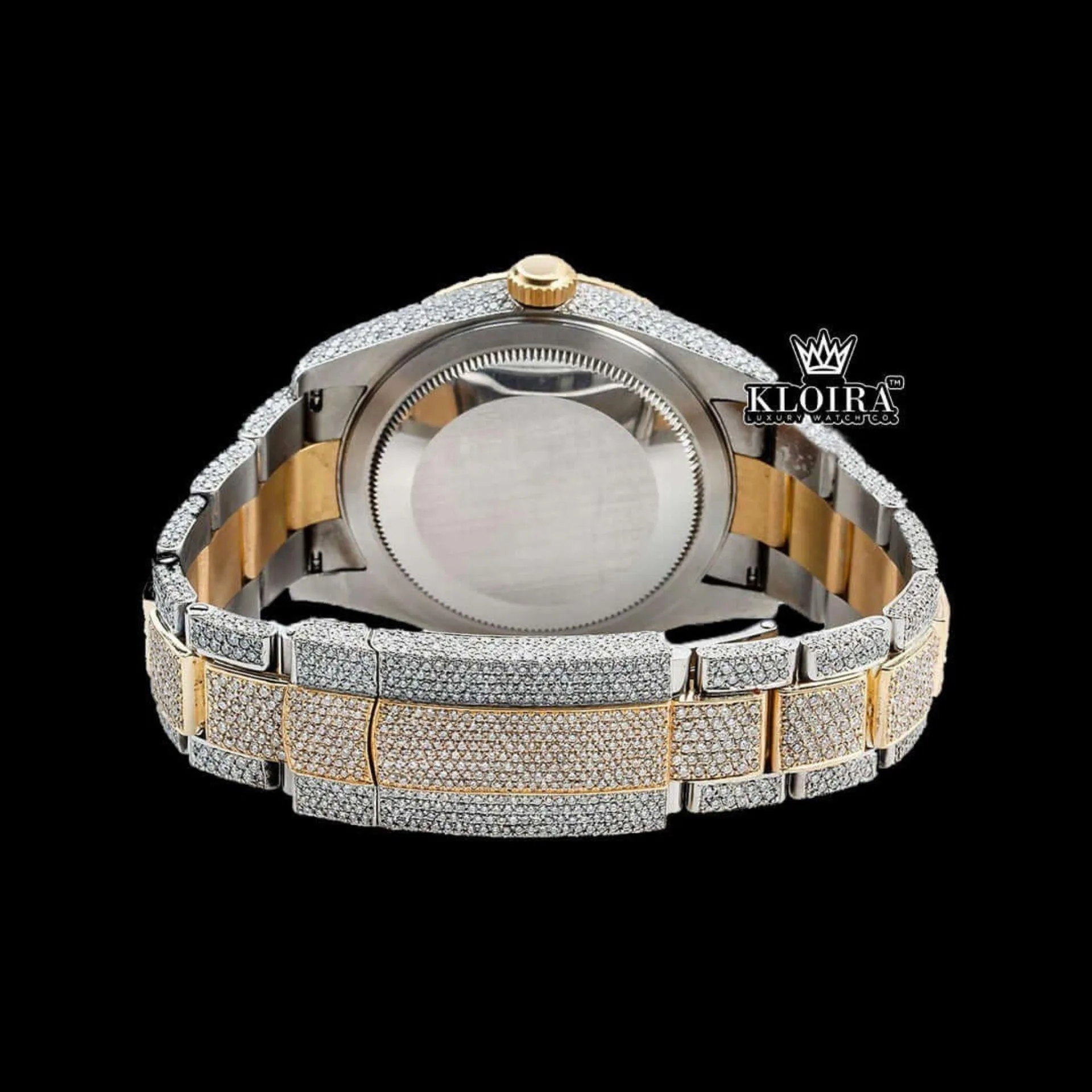 Black Dual Time Dial Stick Markers Two Tone Yellow Gold Moissanite Watch Caseback View