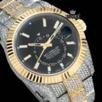 Black Dual Time Dial Stick Markers Two Tone Yellow Gold Moissanite Watch Close Up Dial View