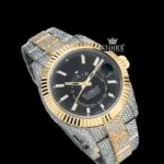 Black Dual Time Dial Stick Markers Two Tone Yellow Gold Moissanite Watch Close Up Front View