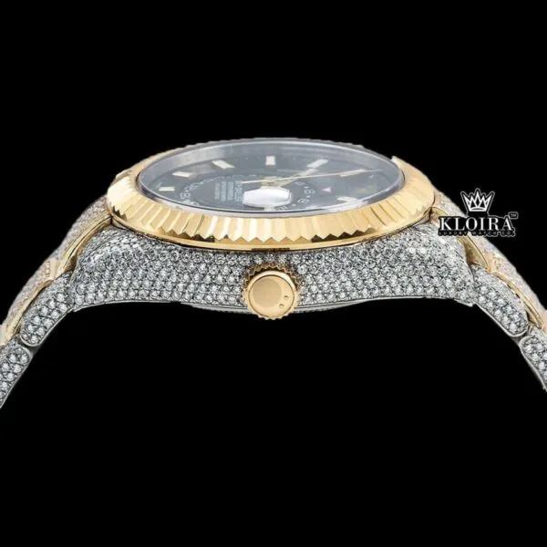 Black Dual Time Dial Stick Markers Two Tone Yellow Gold Moissanite Watch Crown View