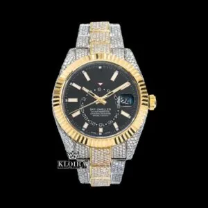 Black Dual Time Dial Stick Markers Two Tone Yellow Gold Moissanite Watch
