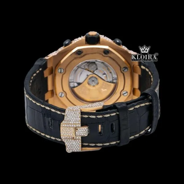 Black Leather Strap Chronograph Yellow Dial Moissanite Diamond Watch Caseback View