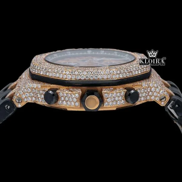 Black Leather Strap Chronograph Yellow Dial Moissanite Diamond Watch Crown View