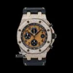 Black Leather Strap Chronograph Yellow Dial Moissanite Diamond Watch