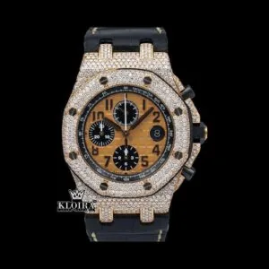 Black Leather Strap Chronograph Yellow Dial Moissanite Diamond Watch