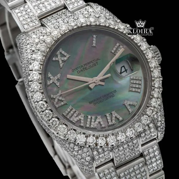 Black Pearl Dial Roman Numerals Fully Iced Out Moissanite Watch Close Up Dial View