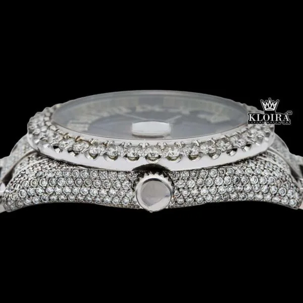 Black Pearl Dial Roman Numerals Fully Iced Out Moissanite Watch Crown View