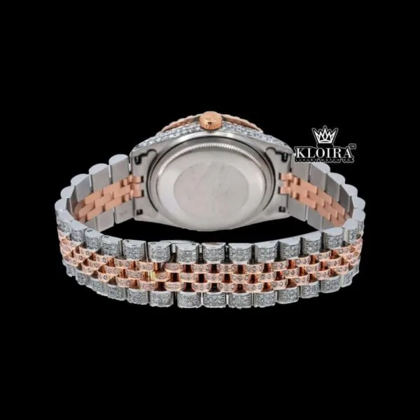 Black Roman Dial Two Tone Diamond Link Strap Moissanite Watch Caseback View