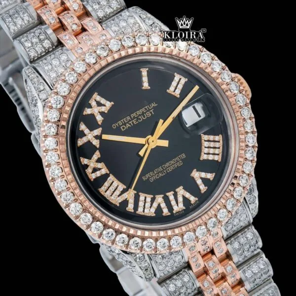 Black Roman Dial Two Tone Diamond Link Strap Moissanite Watch Close Up Dial View