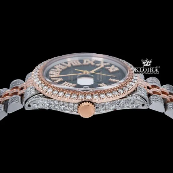 Black Roman Dial Two Tone Diamond Link Strap Moissanite Watch Crown View