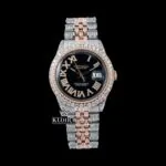 Black Roman Dial Two Tone Diamond Link Strap Moissanite Watch