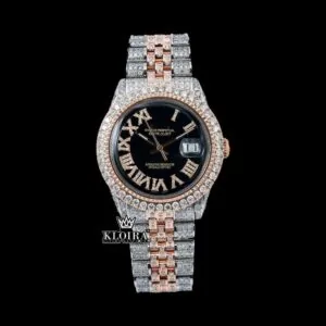 Black Roman Dial Two Tone Diamond Link Strap Moissanite Watch