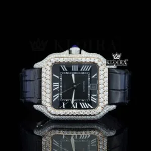 Black Roman Dial Yellow Gold Semi Iced Out Natural Diamond Watch