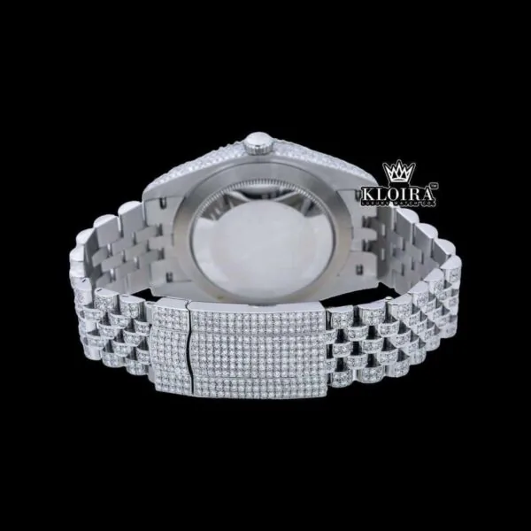 Black Roman Numeral Full Iced Out White Dial Moissanite Diamond Watch Caseback View