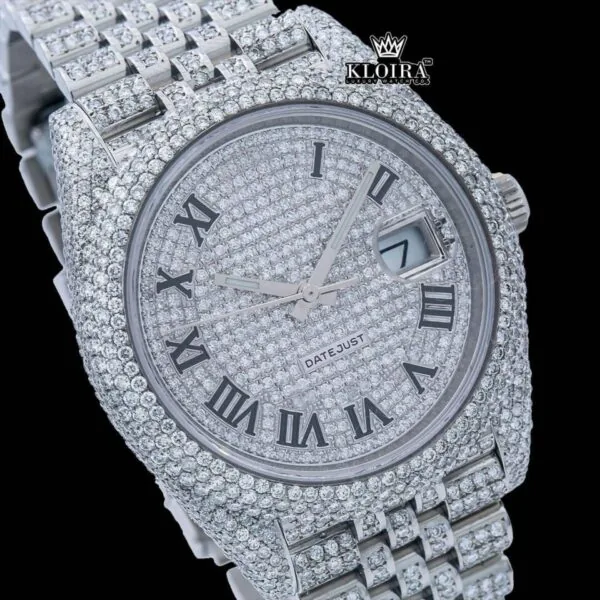 Black Roman Numeral Full Iced Out White Dial Moissanite Diamond Watch Close Up Dial View