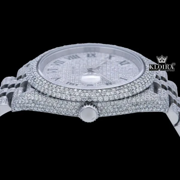 Black Roman Numeral Full Iced Out White Dial Moissanite Diamond Watch Crown View